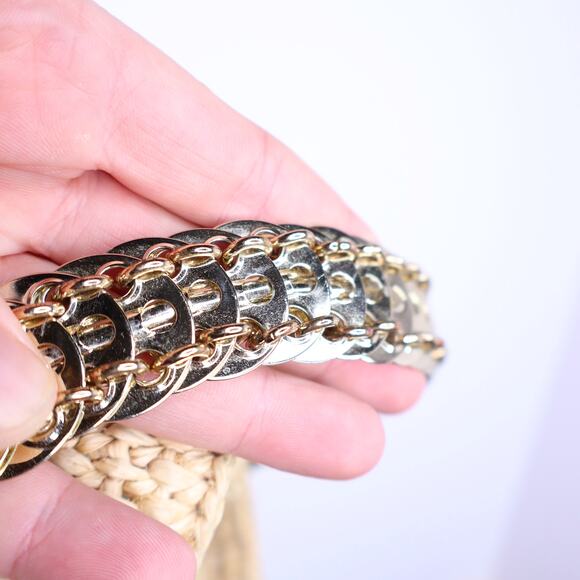 PACO RABANNE Natural Raffia Bucket Bag Gold Chain Link Top Handle Crossbody Bag - Picture 10 of 11